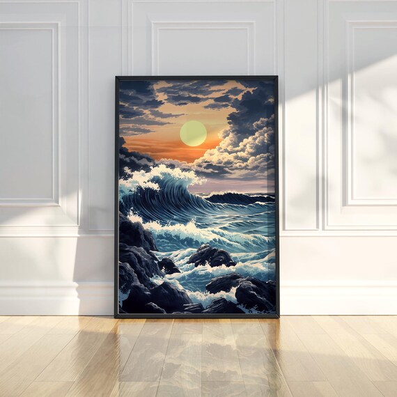 Ocean Wave Crashing Rocks Sunset Japanese Style Artwork Poster