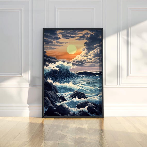 Powerful Full Moon Seascape Wall Art Print Ocean Waves Cloud Nature Modern Home Room Decor Dramatic Gift