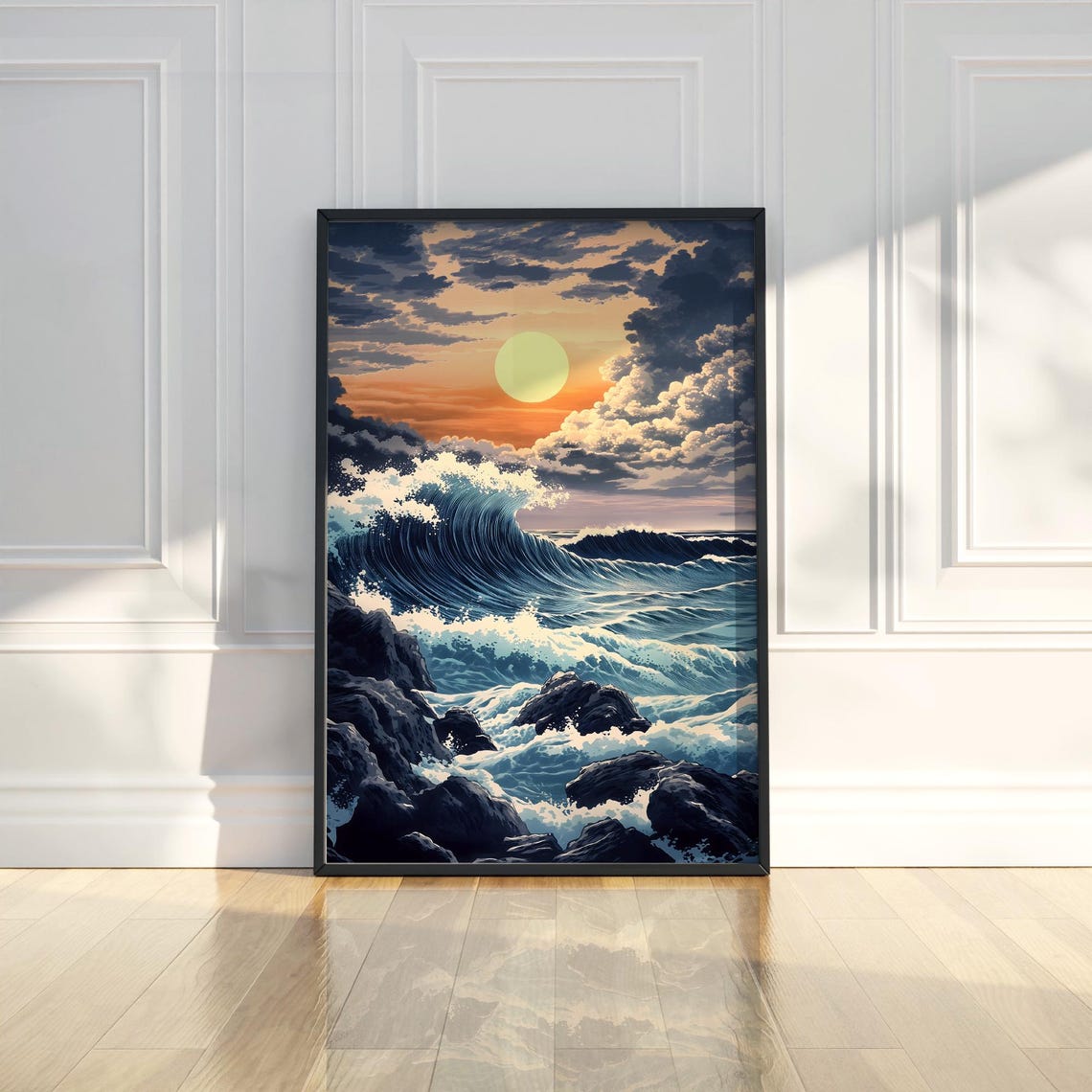 Ocean Wave Crashing Rocks Sunset Japanese Style Artwork Poster