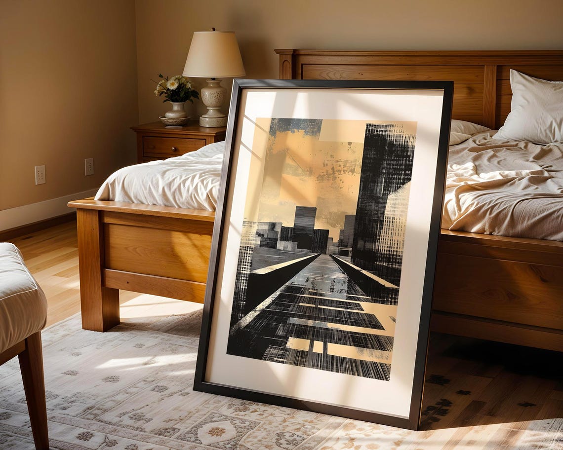 Abstract Brutalist City Skyline Ink Drawing Gold Background Poster - Image 4