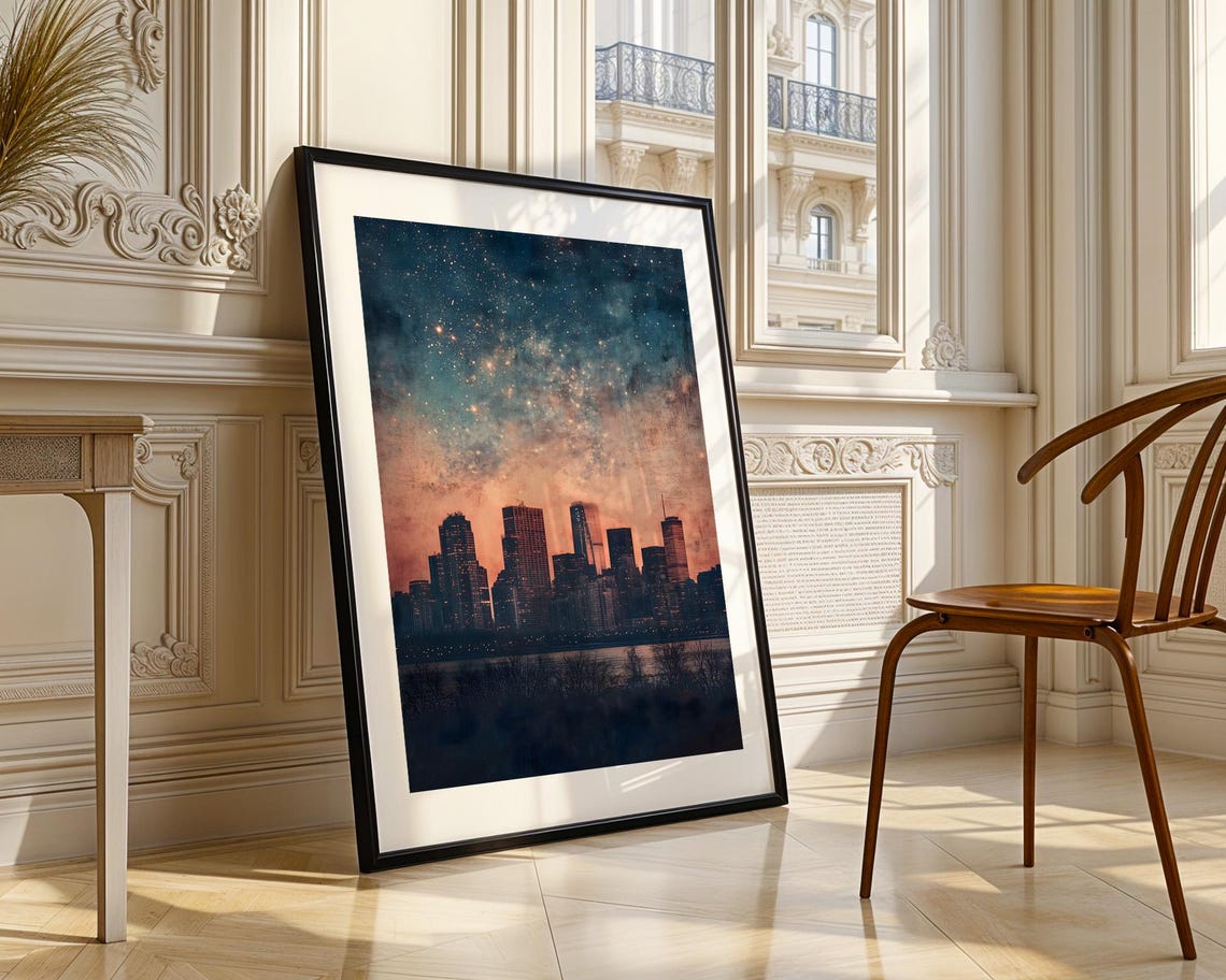 Starlit City Skyline Under Night Sky Celestial Urban Painting Poster - Image 4