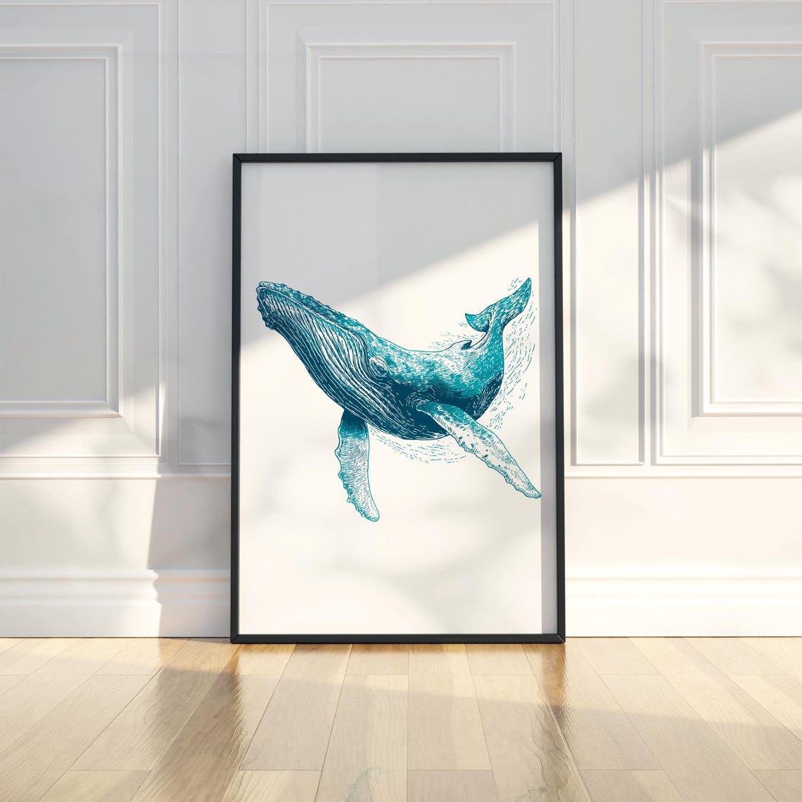 Humpback Whale Teal Ink Illustration Ocean Sea Animal Artwork Poster