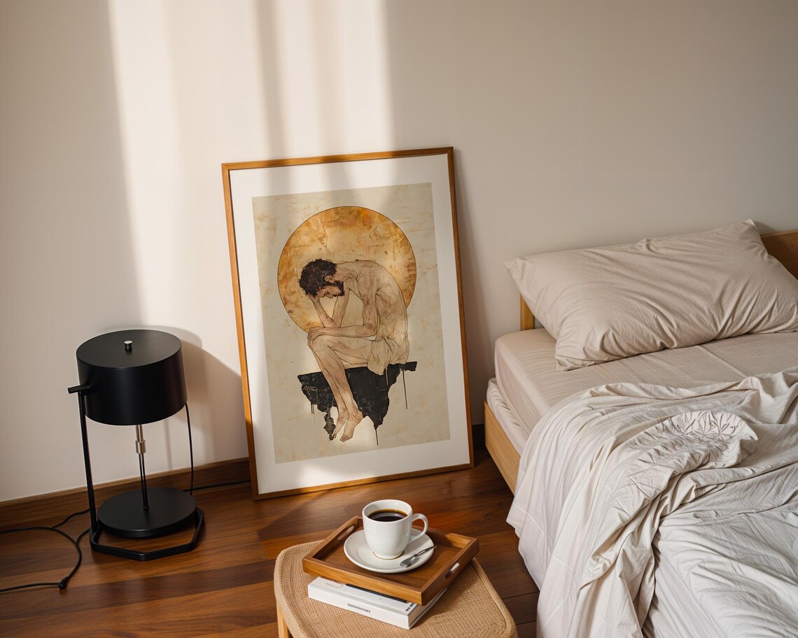 Contemplative Seated Man Sepia Watercolor Gold Circle Fine Art Poster - Image 2