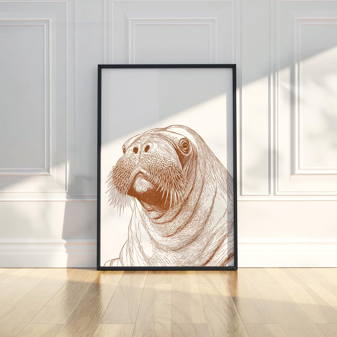 Hand Drawn Walrus Portrait Sepia Ink Line Art Sea Animal Sketch Poster