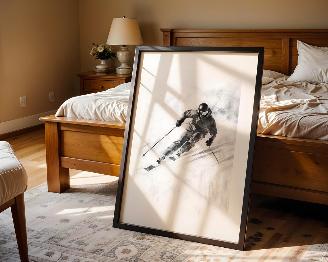 Speedy Dynamic Downhill Skier Black And White Sketch Sports Poster