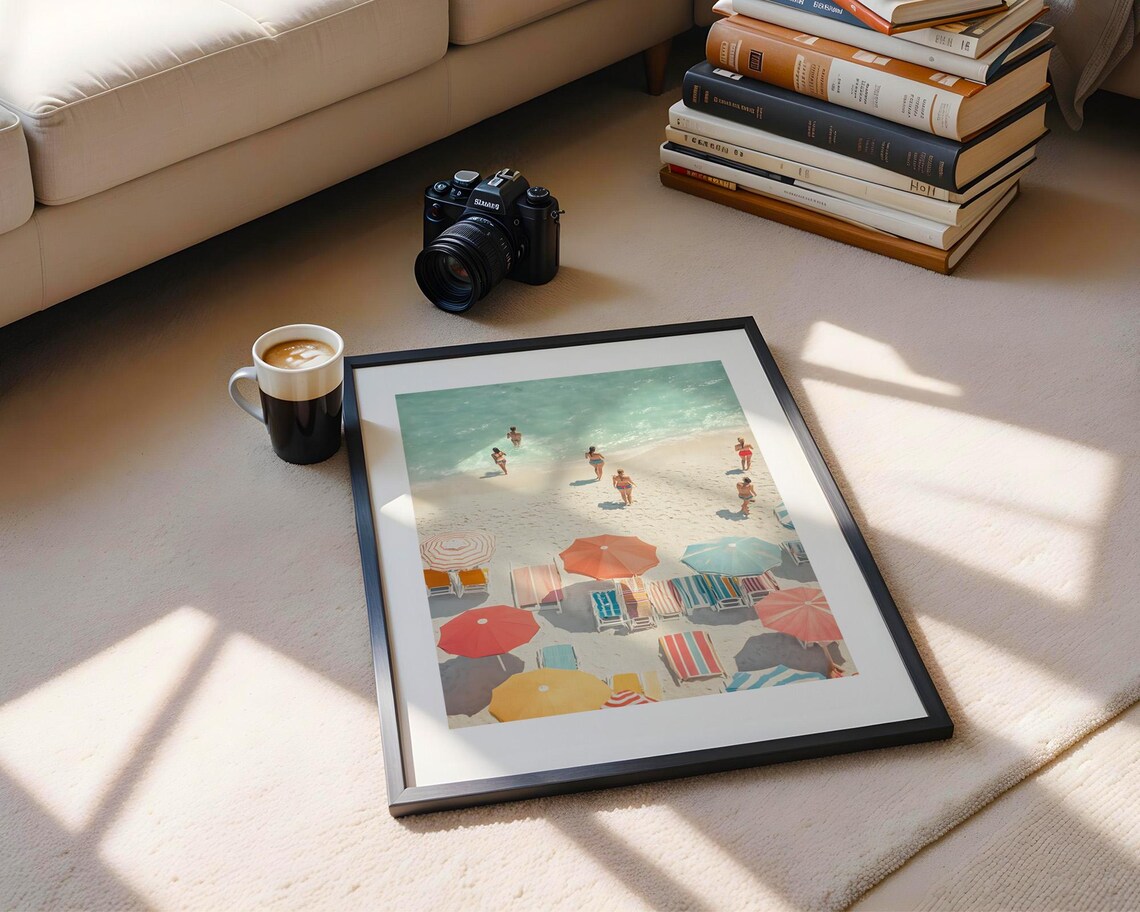Minimalist Beach Aerial Pastel Umbrellas Swimmers Summer Ocean Poster - Image 5