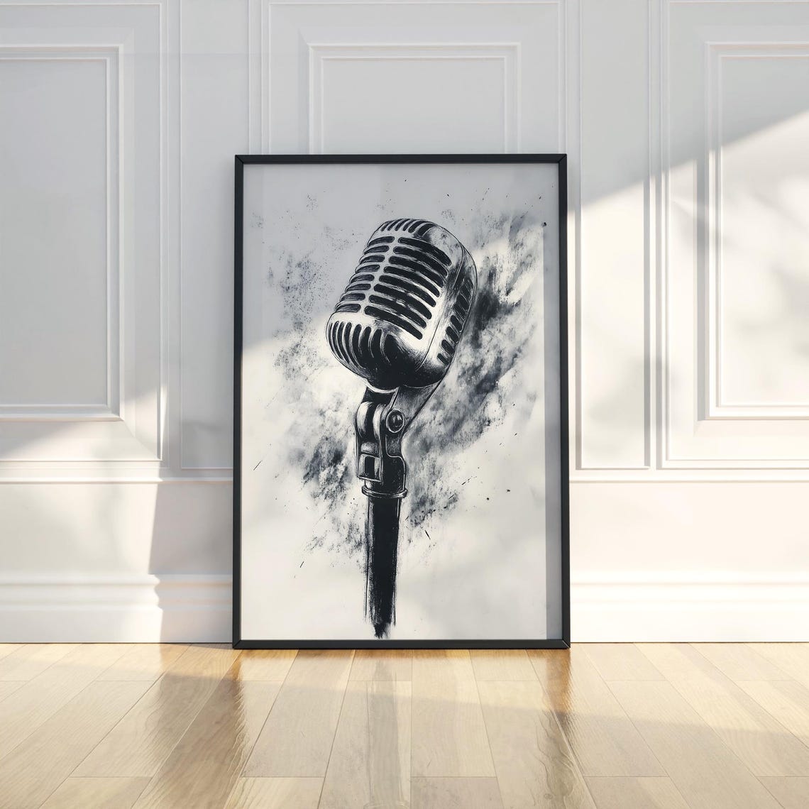 Classic Vintage Microphone Black Charcoal Splatter Music Art Poster