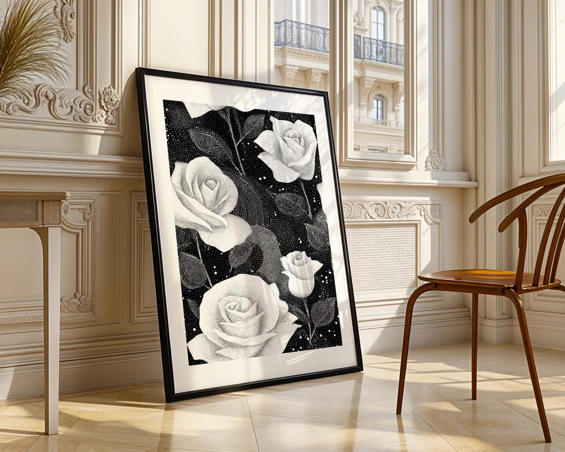 Dramatic White Roses On Black Stipple Art Floral Pointillism Poster - Image 4