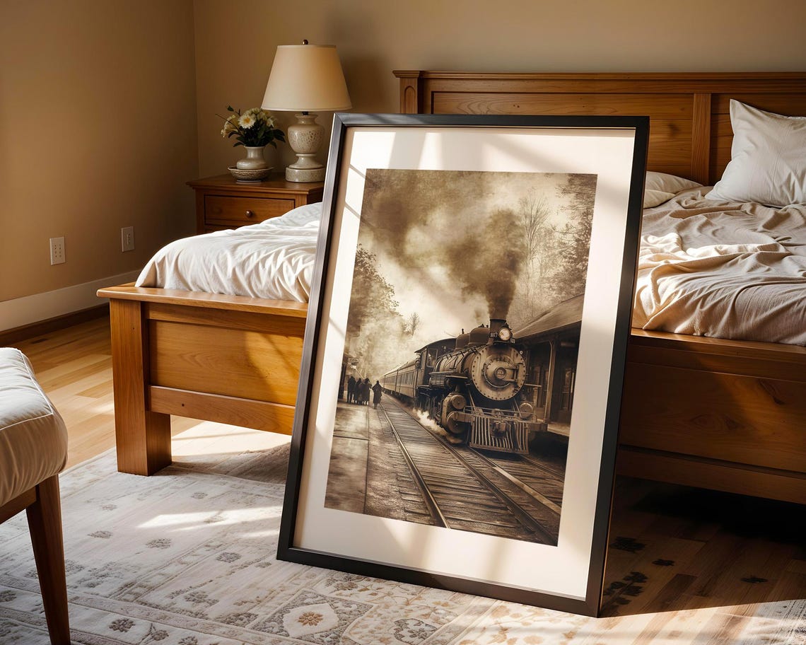 Vintage Steam Train At Historic Station Rustic Railway Painting Poster - Image 5