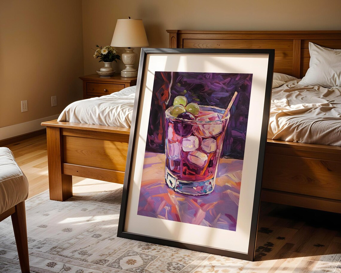 Fruit Cocktail Glass Ice Cubes Vibrant Purple Background Oil Painting Poster - Image 4