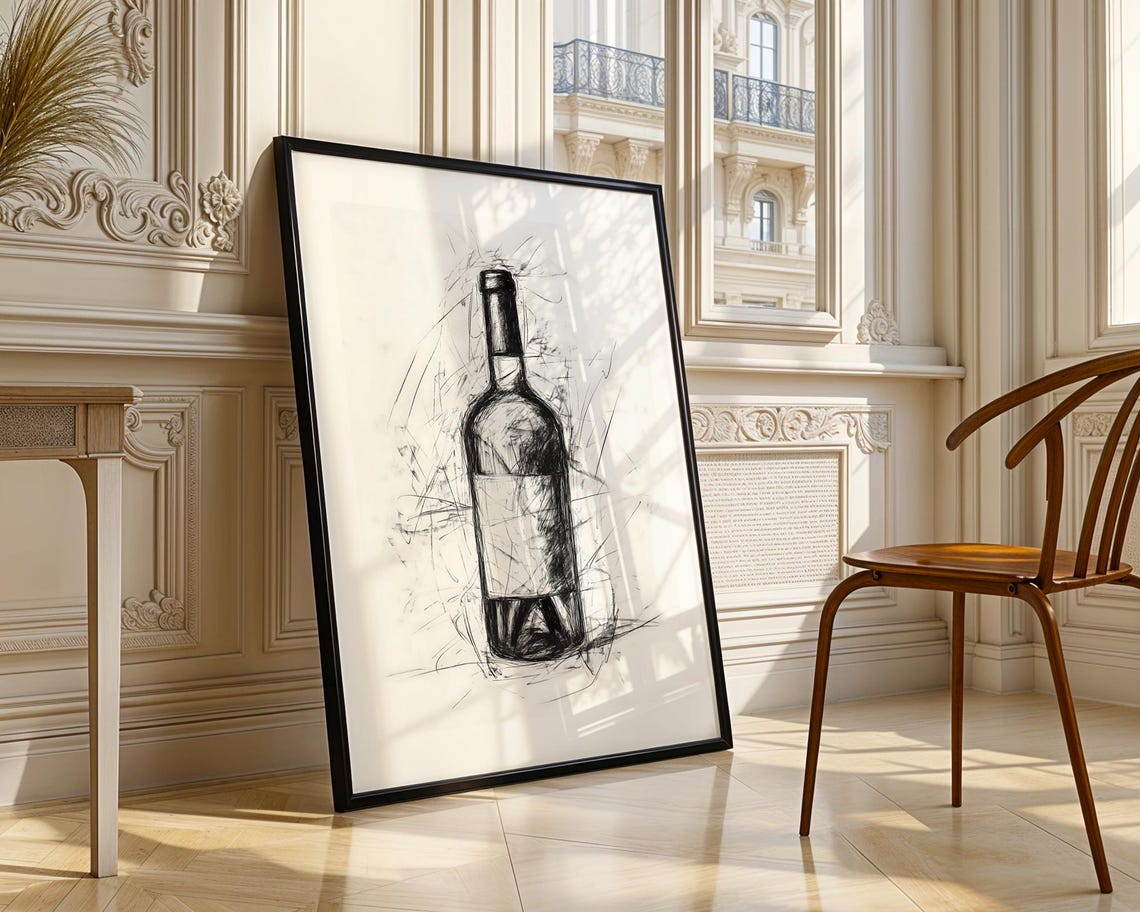 Wine Bottle Charcoal Sketch Black and White Kitchen Art Poster - Image 4