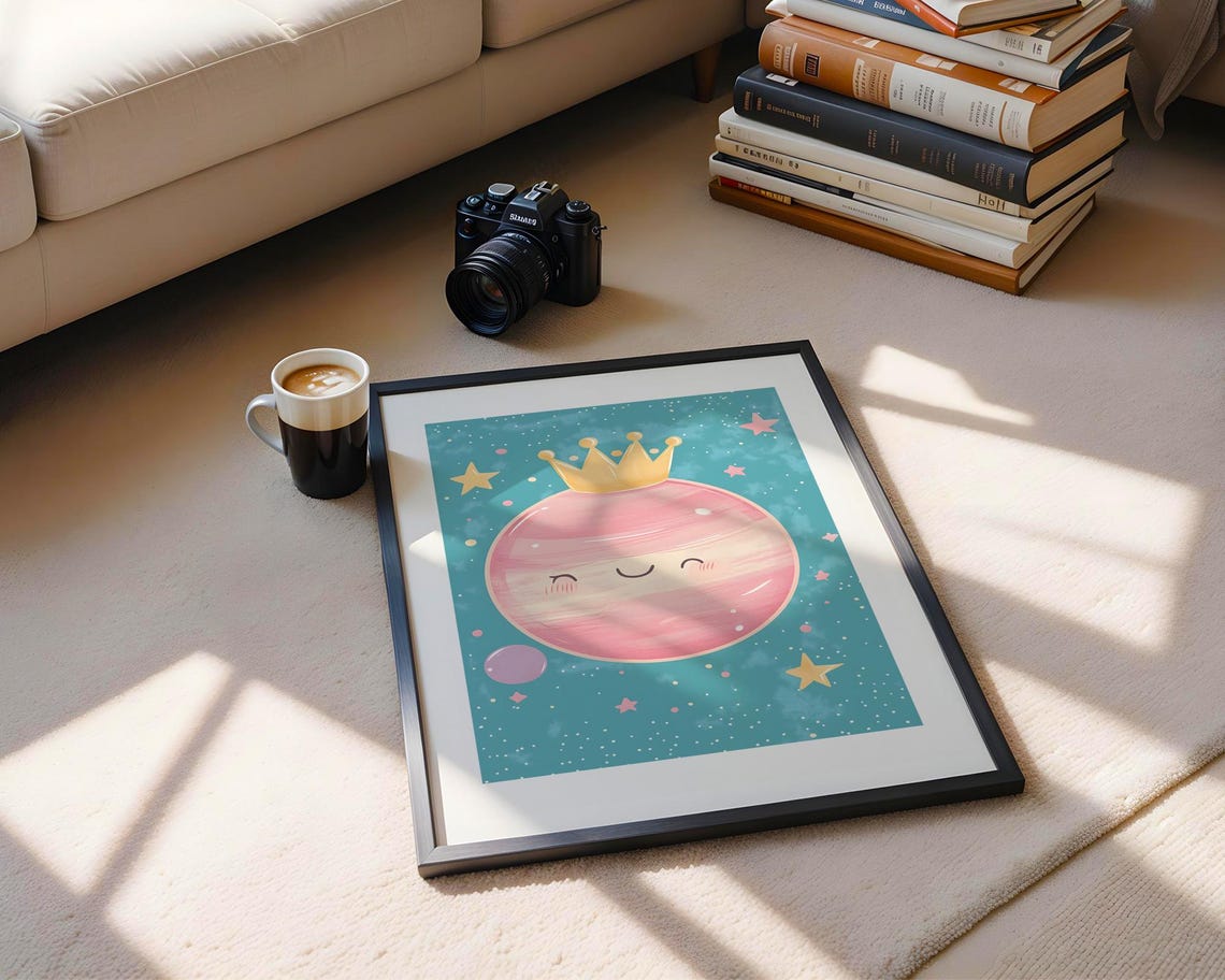 Cute Smiling Pink Planet Gold Crown Nursery Starry Art Poster - Image 5