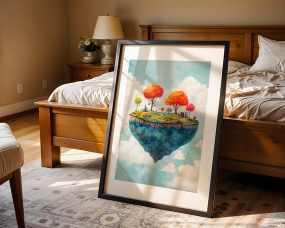 Floating Island Fantasy Nursery Wall Art Print Whimsical Landscape Illustration Colorful Tree Dreamy Sky Scene Kids Baby Playroom Home Decor