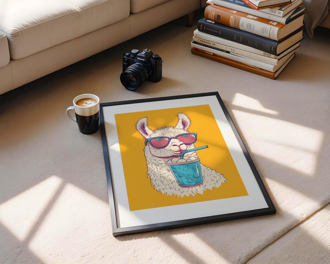 Llama With Sunglasses Drinking Smoothie Pop Art Illustration Trendy Wall Modern Prints Room Decor Print Funny - Image 3
