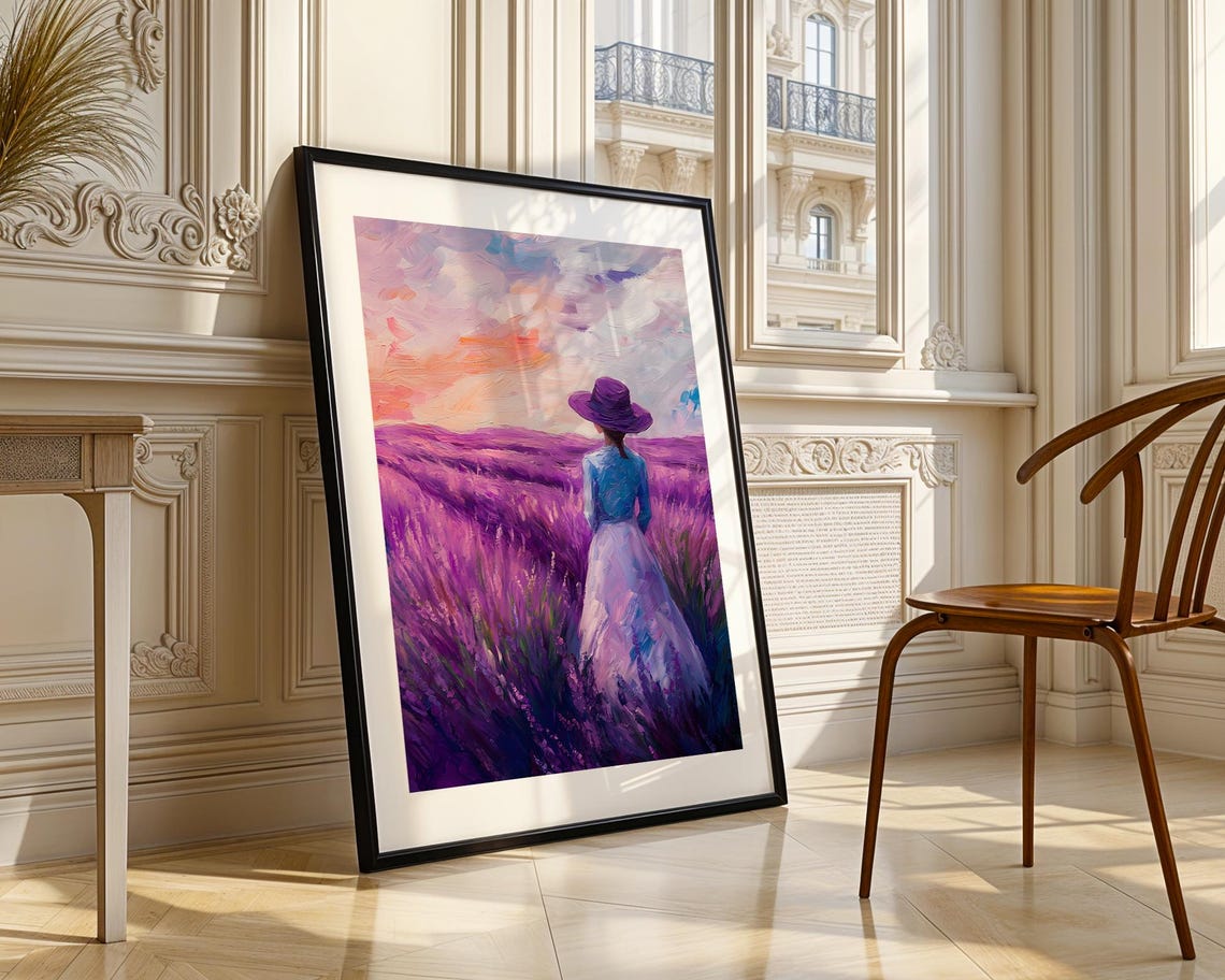 Woman in Lavender Field Sunset Purple Floral Landscape Poster