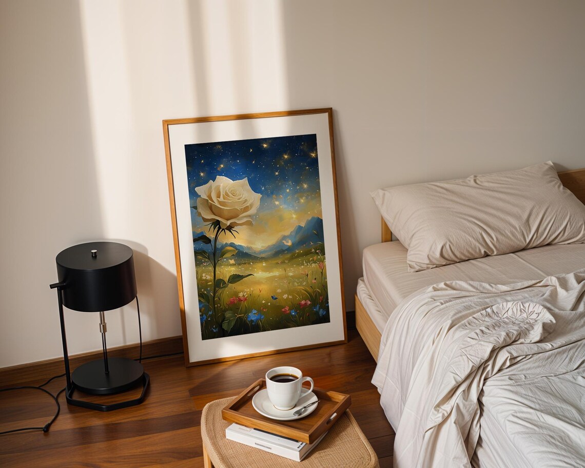 White Rose Starry Night Sky Wildflower Field Mountain Oil Painting Poster - Image 2