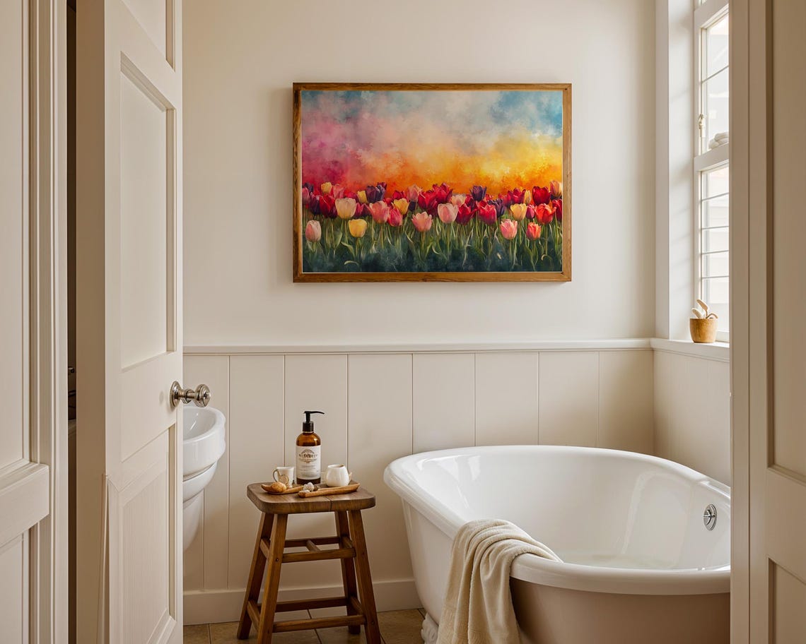 Colorful Tulip Field Rows Fiery Sunset Sky Watercolor Art Poster - Image 2