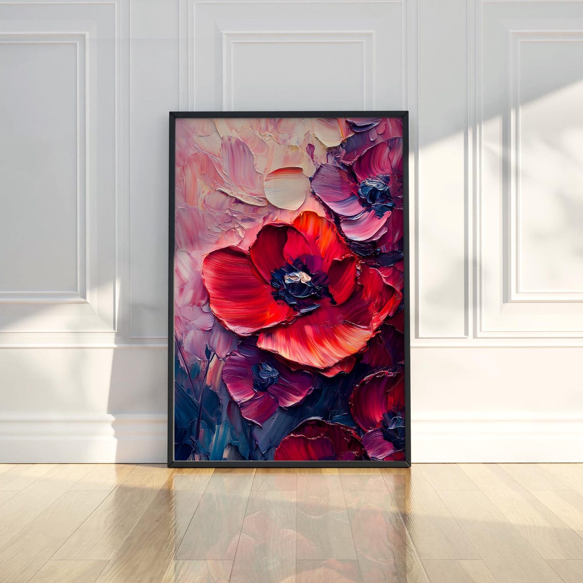 Bold Red Poppy Flowers Close Up Textured Impasto Oil Painting Poster