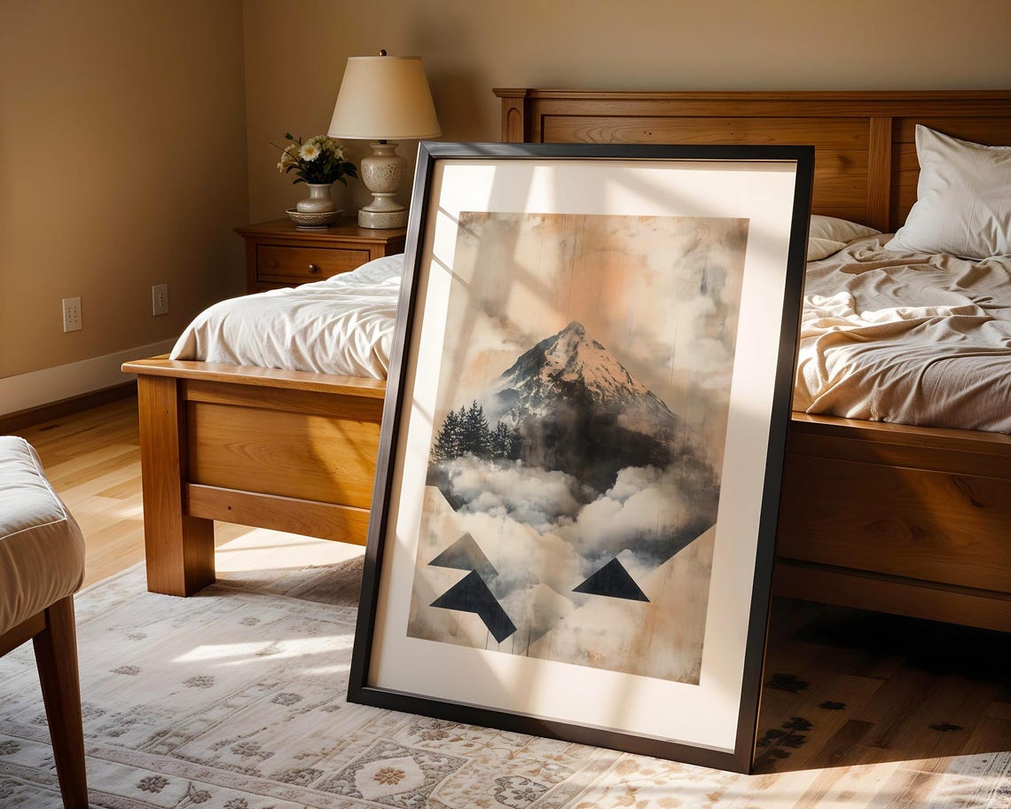 Abstract Snowy Mountain Geometric Peaks Beige Tonal Art Poster - Image 4