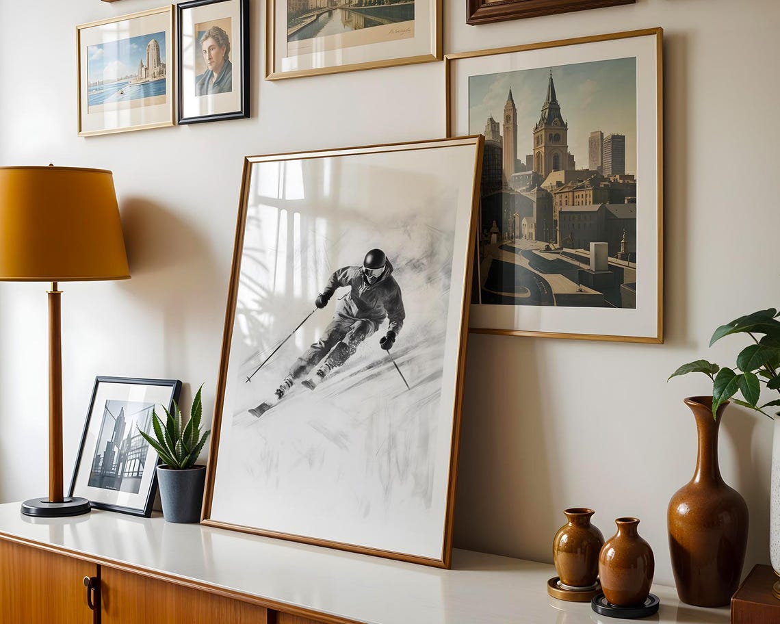 Speedy Dynamic Downhill Skier Black And White Sketch Sports Poster - Image 6