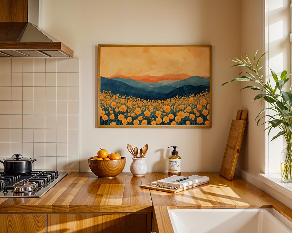 Orange Marigold Flower Field Blue Mountains Sunset Landscape Poster - Image 3