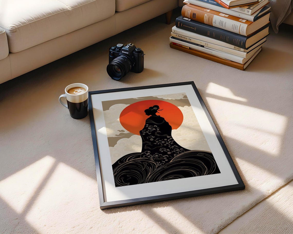 Japanese Kimono Woman Silhouette Bold Red Sun Woodblock Art Poster - Image 5