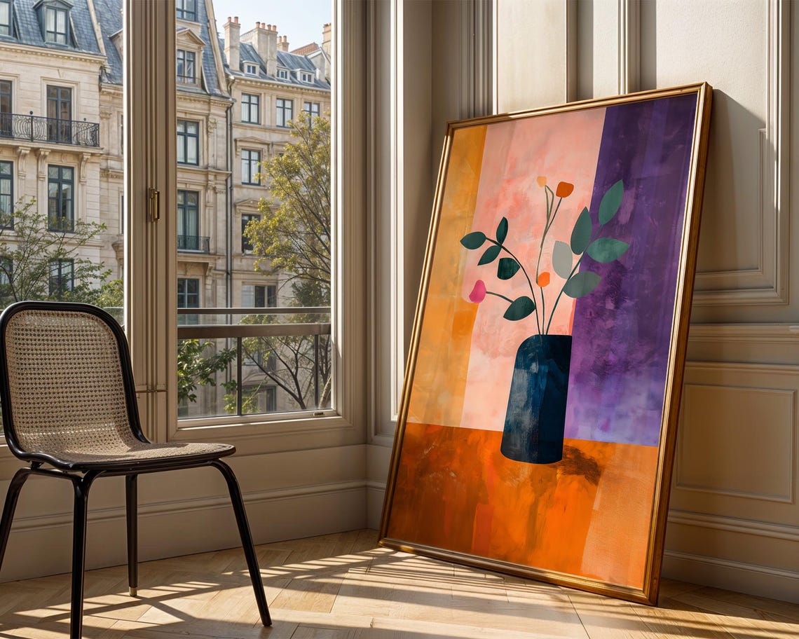 Abstract Blue Vase Floral Still Life Colorful Modern Art Print