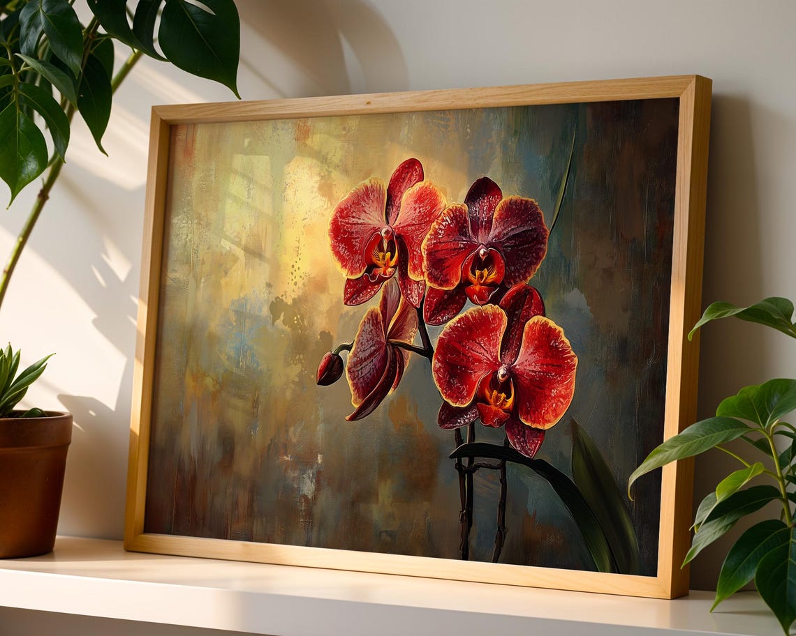 Red Orchid Blooms Golden Dark Background Elegant Floral Art Poster - Image 3