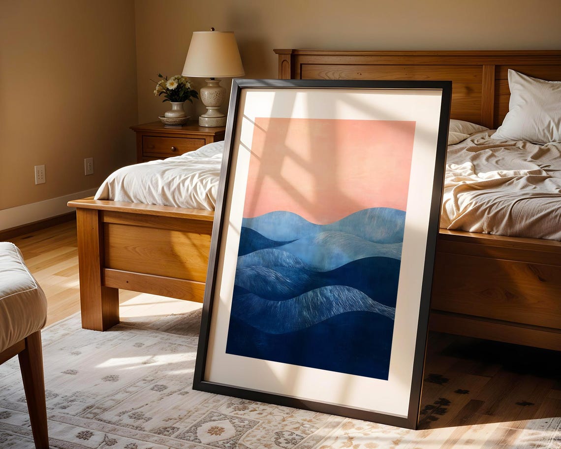Abstract Navy Blue Rolling Hills Art Poster with Blush Pink Sky - Image 4