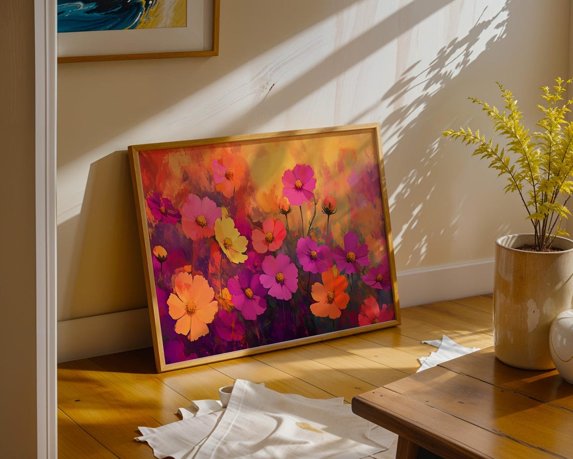 Vibrant Cosmos Flowers Pink Orange Yellow Bold Floral Art Poster - Image 3