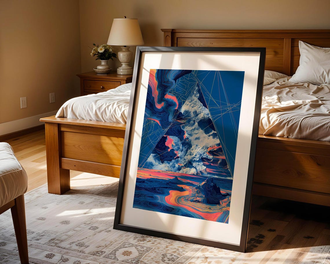 Surreal Deep Blue Red Ocean Volcano Abstract Modern Art Print - Image 4