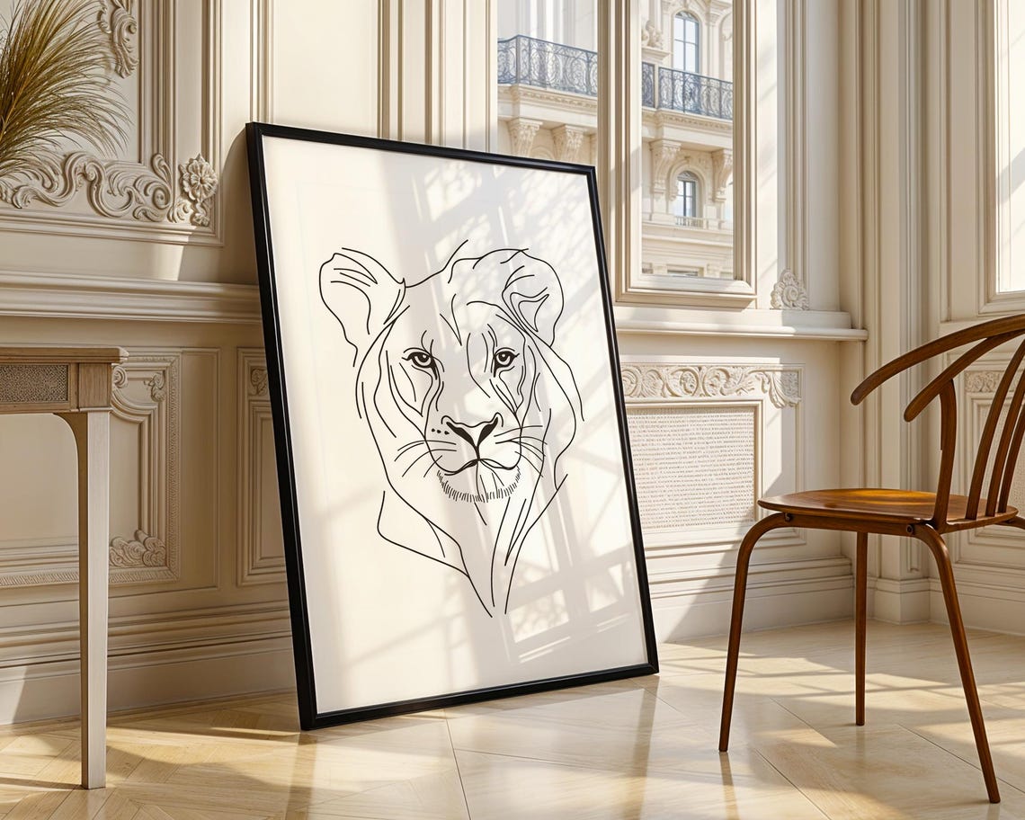 Minimalist Lioness Line Art Drawing Elegant Black White Poster - Image 3