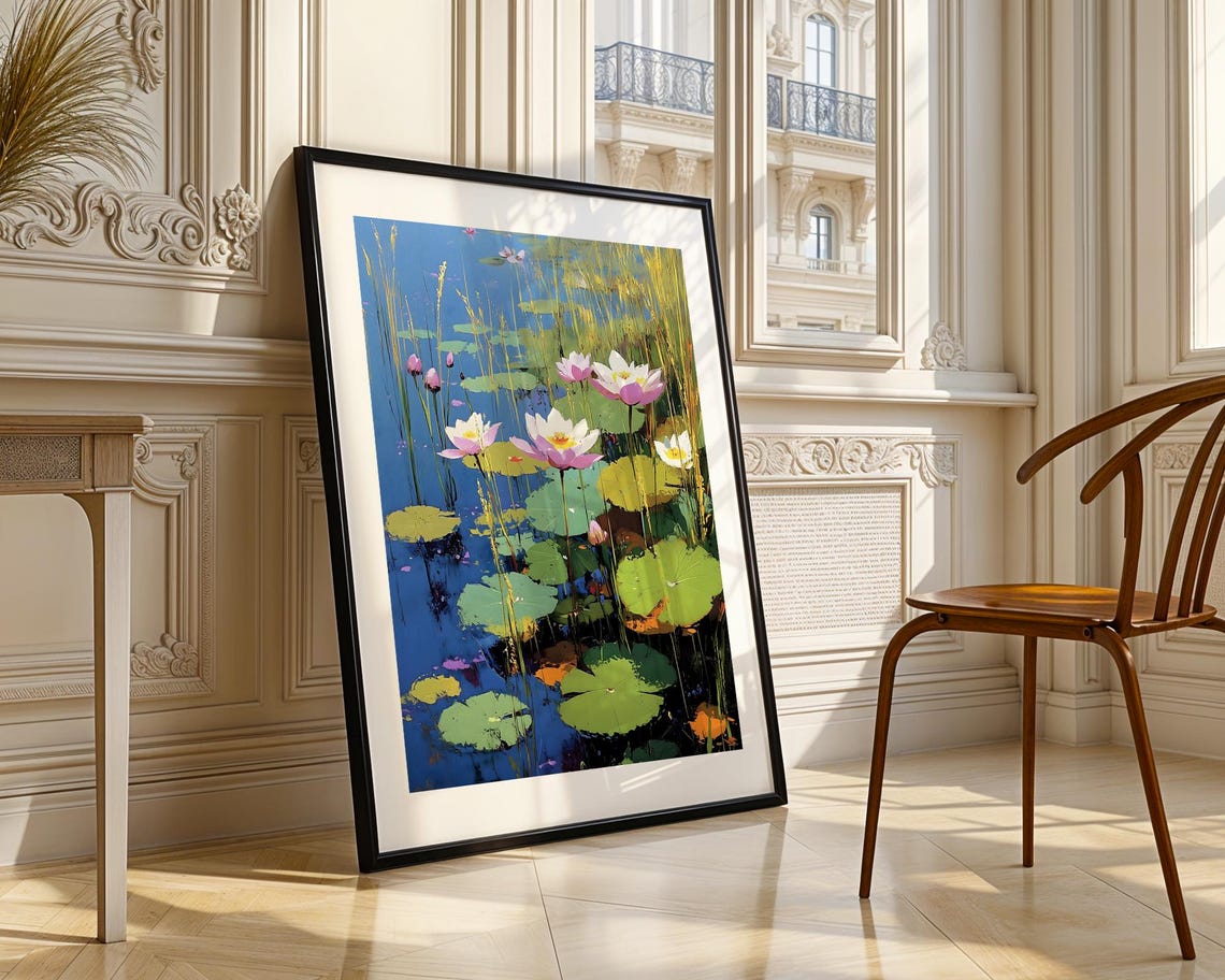 Water Lilies Blue Pond Lily Pads Tranquil Floral Oil Painting Poster - Image 3