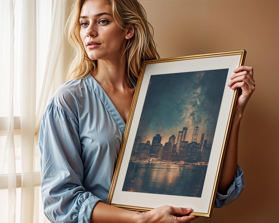 Manhattan Night Skyline Starry Sky Water Reflection City Art Poster - Image 2