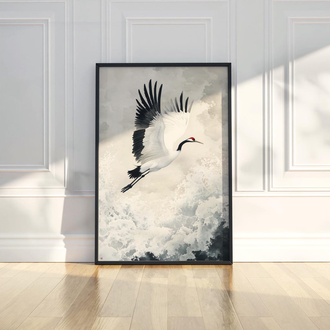 Japanese Crane Bird Flying Ink Wash Ocean Wave Asian Art Poster