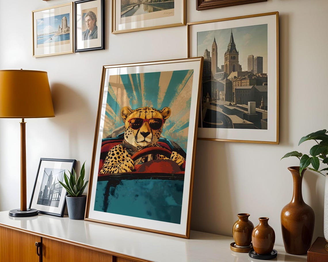 Cheetah Wearing Sunglasses Driving Vintage Red Convertible Poster - Image 5