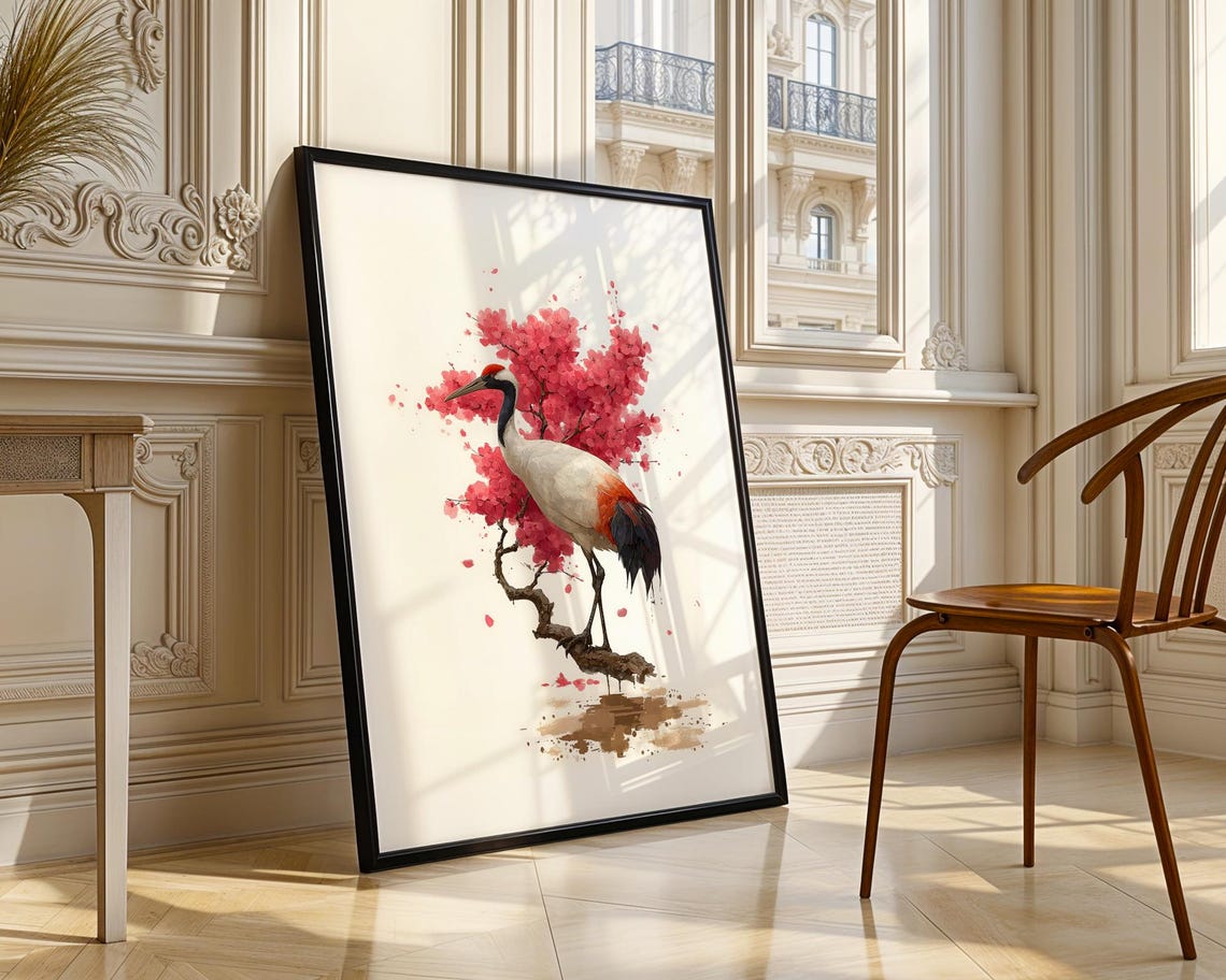 Red Crowned Crane Cherry Blossom Watercolor Japanese Painting Poster - Image 4