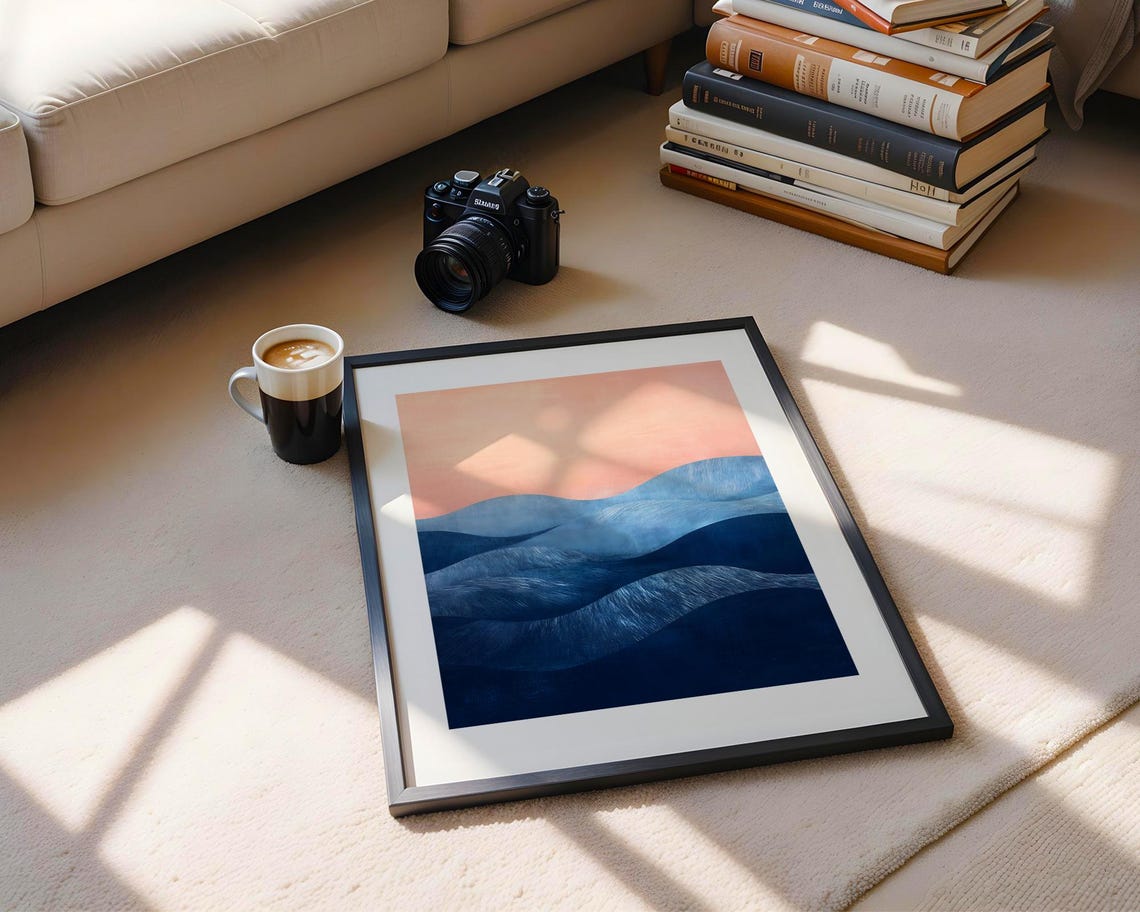 Abstract Navy Blue Rolling Hills Art Poster with Blush Pink Sky - Image 5