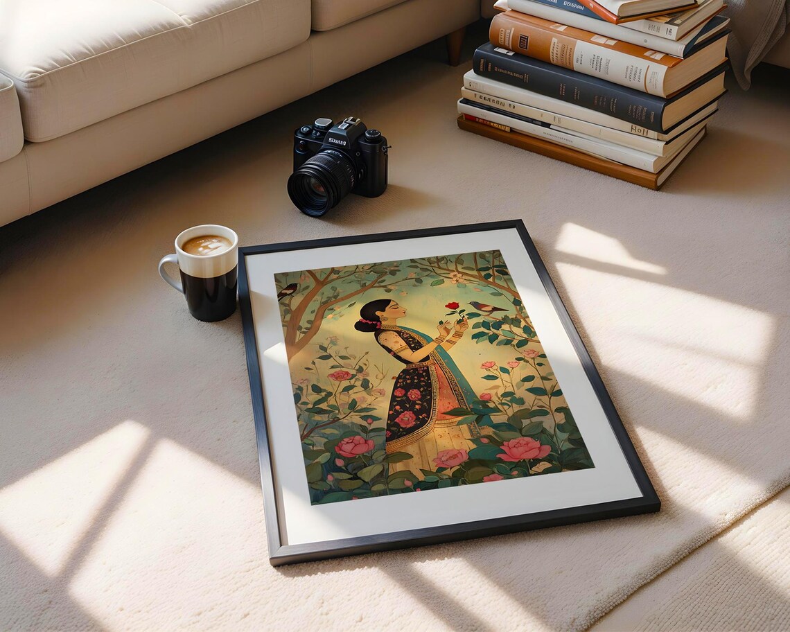 Beautiful Indian Woman Rose Garden Birds Traditional Art Print - Image 5