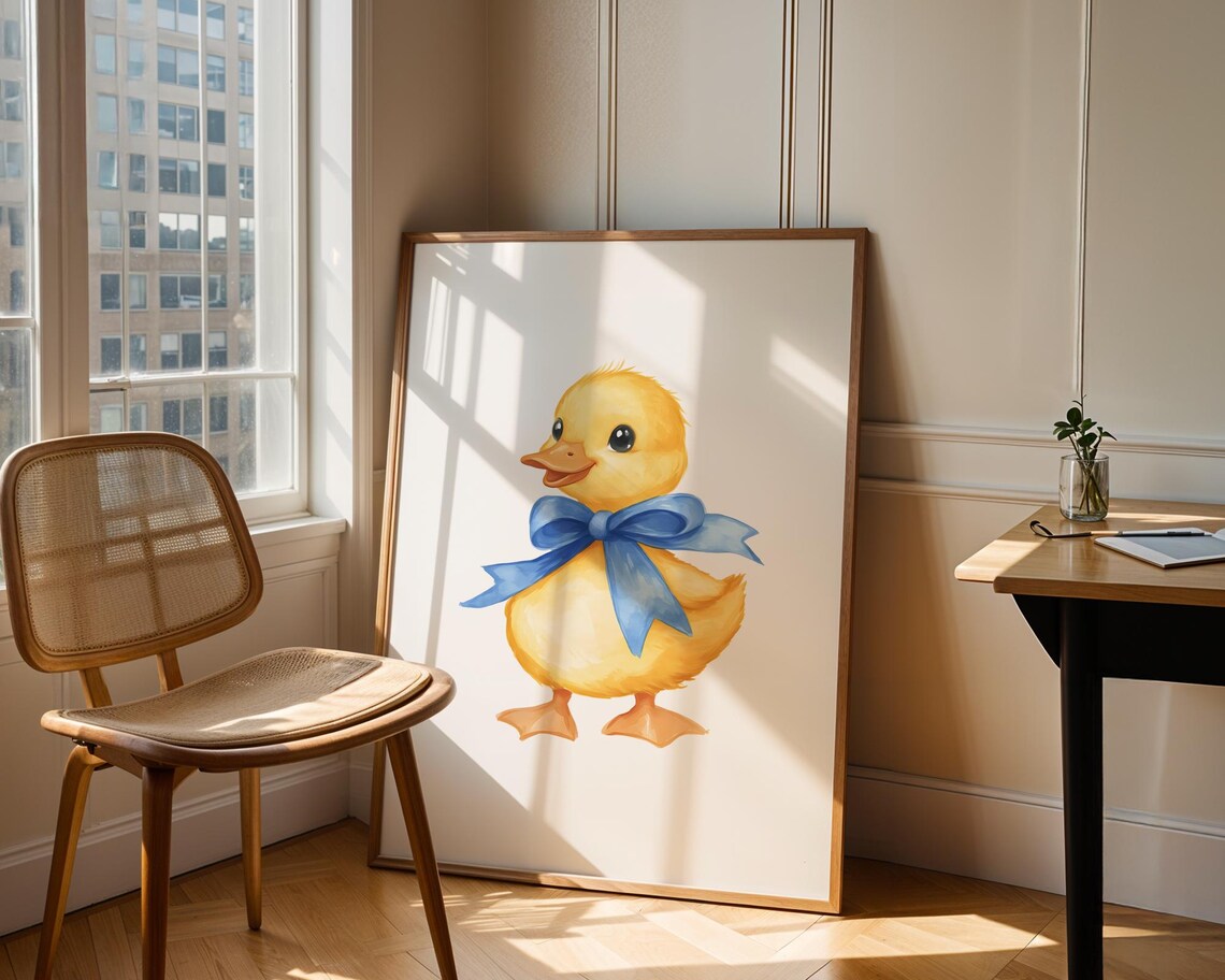 Yellow Duckling Blue Bow Watercolor Cute Baby Duck Nursery Art Poster - Image 2