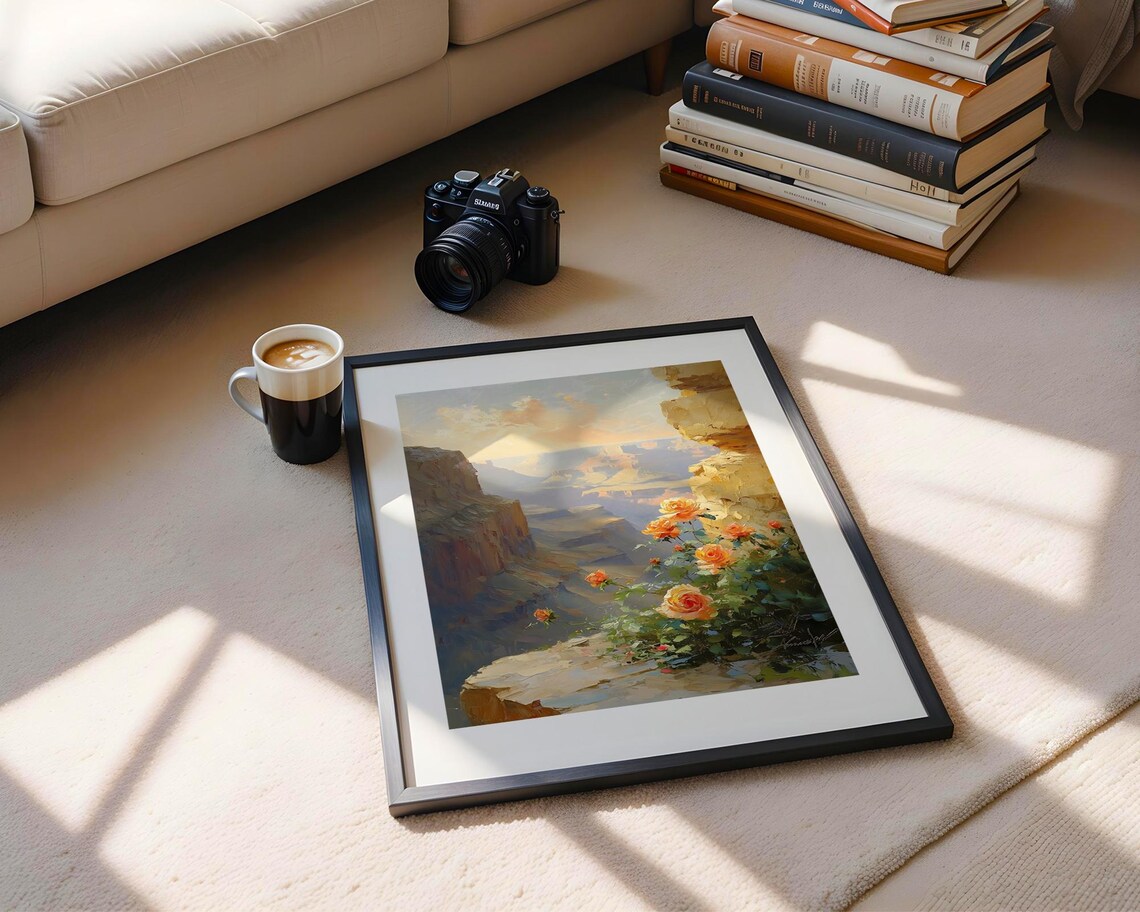 Orange Roses Blooming Canyon Cliff Edge Landscape Oil Painting Poster - Image 5