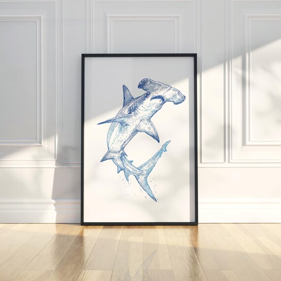 Hammerhead Ink Sketch Line Art Animal Illustration Drawing Trendy Poster Wall Print Modern Home Decor