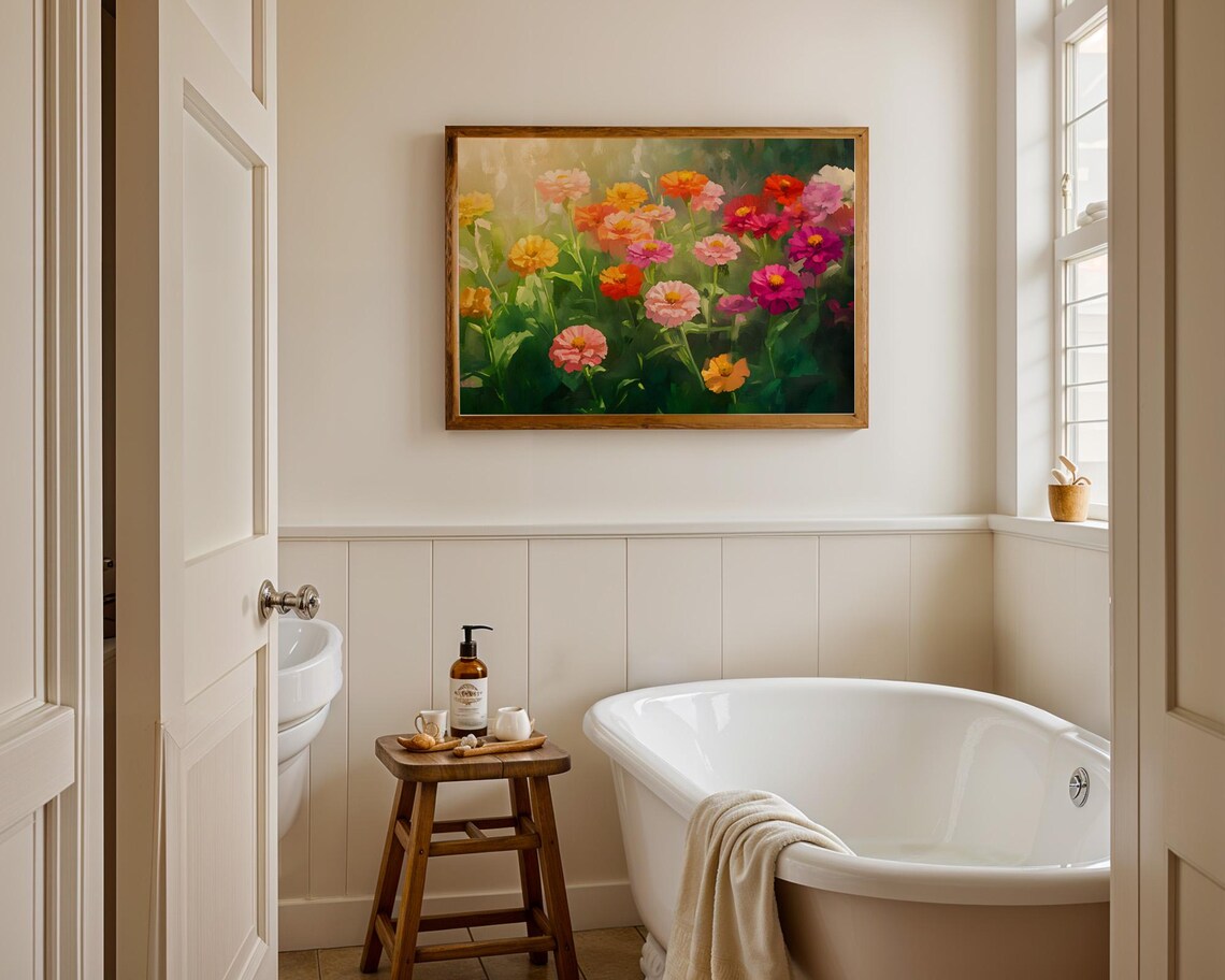 Colorful Zinnia Flower Garden Sunlit Oil Painting Bloom Wall Art - Image 3