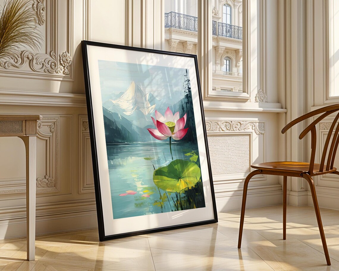 Pink Lotus Flower Serene Lake Mountain Landscape Oil Painting Poster - Image 3