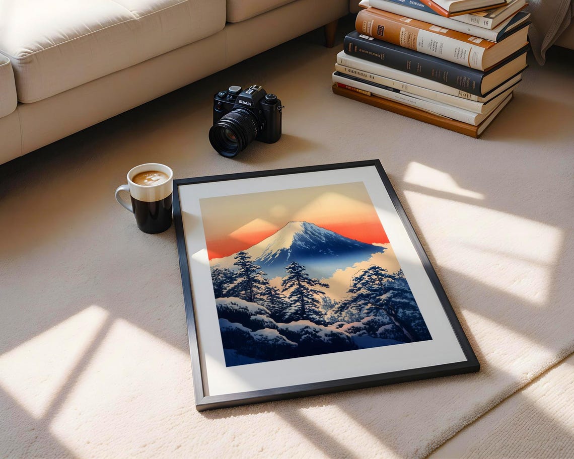 Snowy Mount Fuji Winter Red Sky Japanese Woodblock Art Poster - Image 5