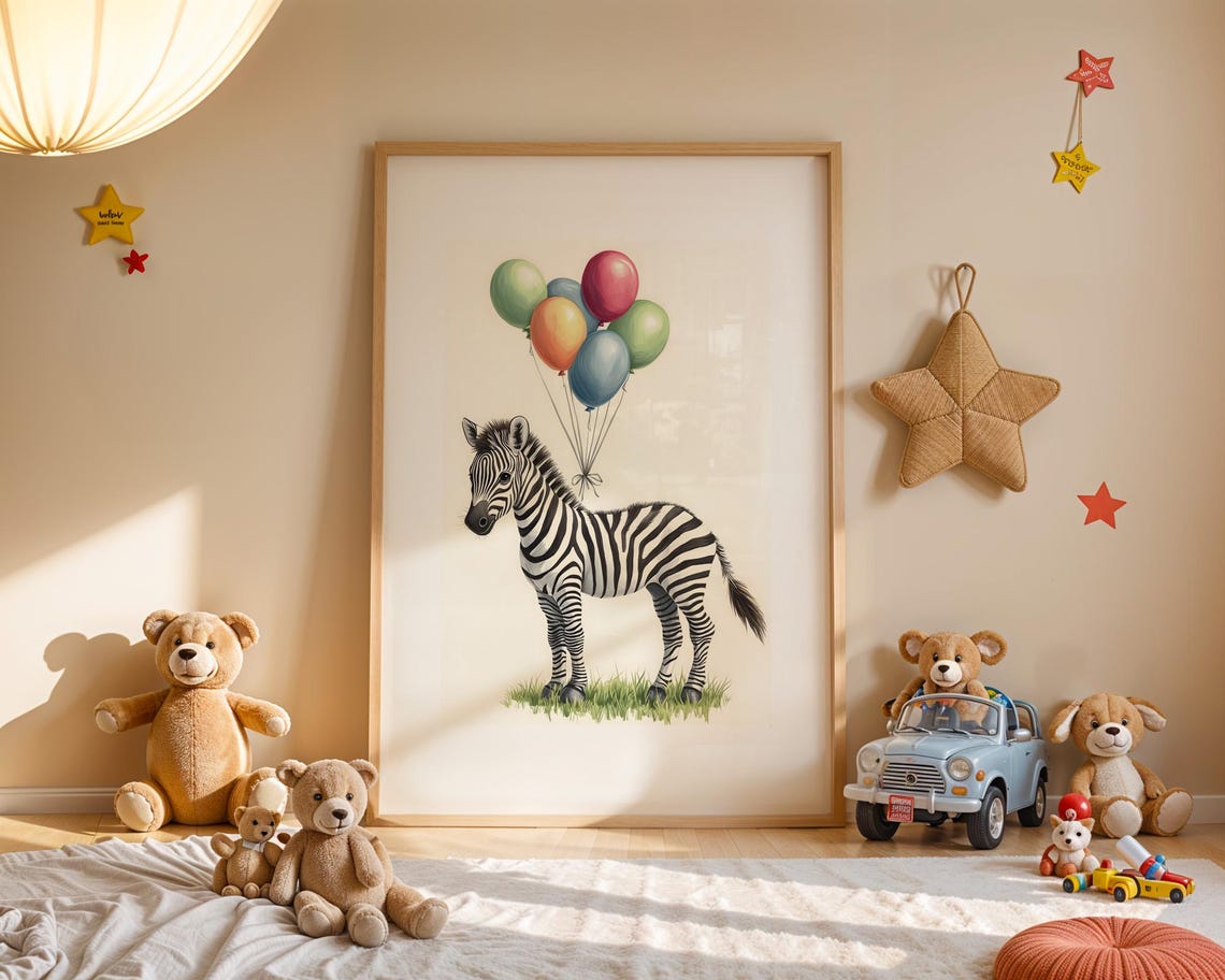 Cute Zebra With Colorful Balloons Whimsical Nursery Art Poster - Image 4