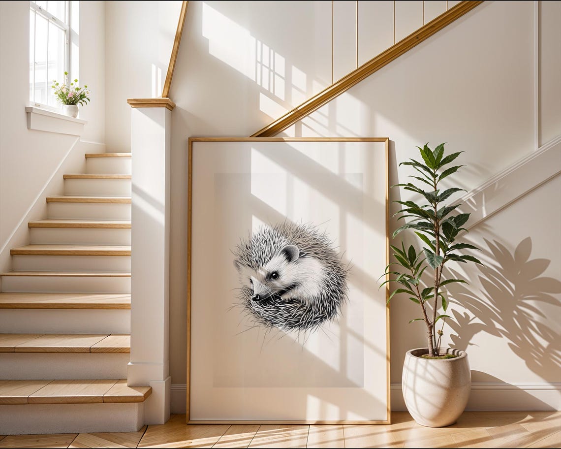 Charming Hedgehog Pencil Sketch Wall Art Monochrome Wildlife Poster For Nursery Living Room Office Study Decor - Image 2