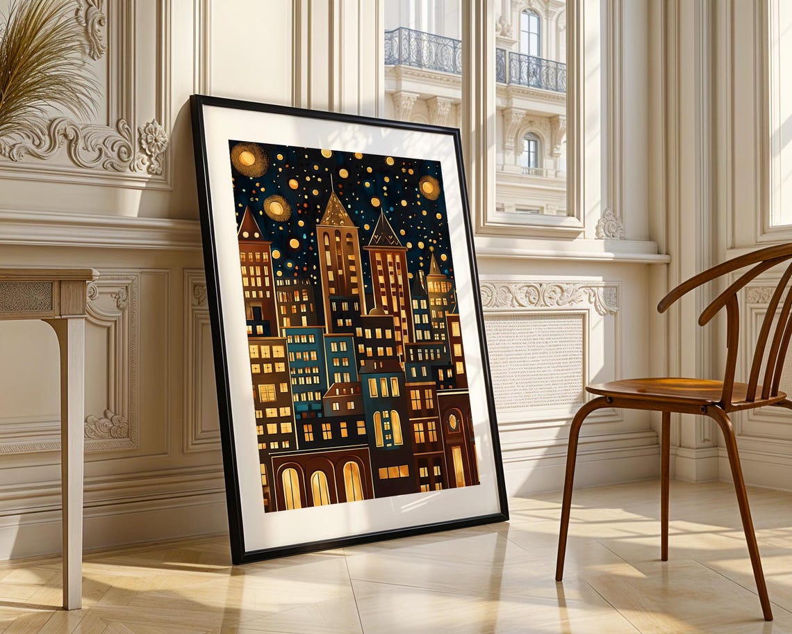 Golden City Night Lights Stylized Skyline Urban Starry Art Poster