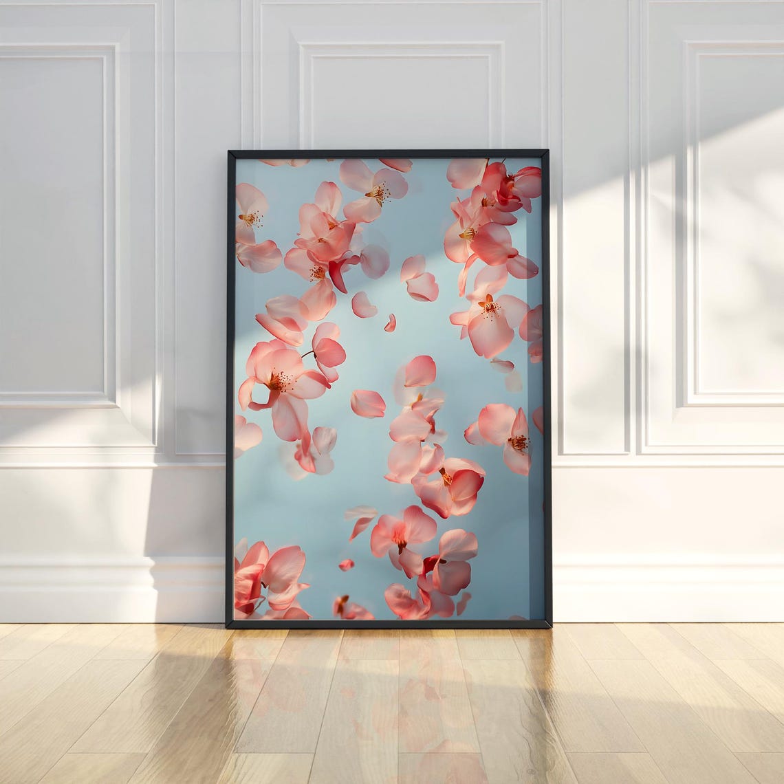 Pink Cherry Blossom Petals Falling Art Poster on Soft Blue Sky