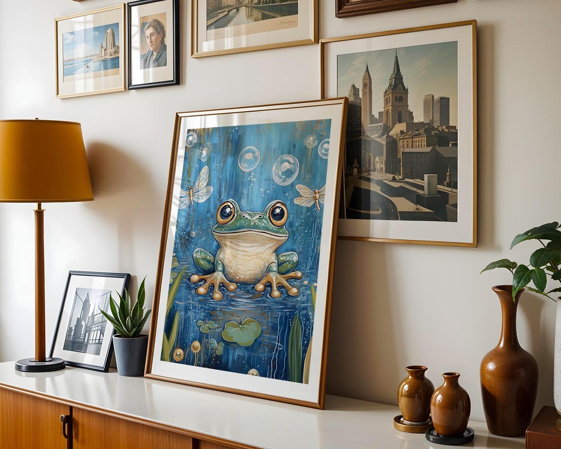 Cute Frog Lily Pad Pond Dragonflies Art Print Trendy Wall Room Decor Prints Poster Gift - Image 4